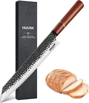 Huusk Japanese Bread Knife, 9.7 Inch Long Serrated Bread Knife, Lightweight Slicing Bread Knife for Cutting Homemade Sourdough Bread, Serrated Knife with Gift Box