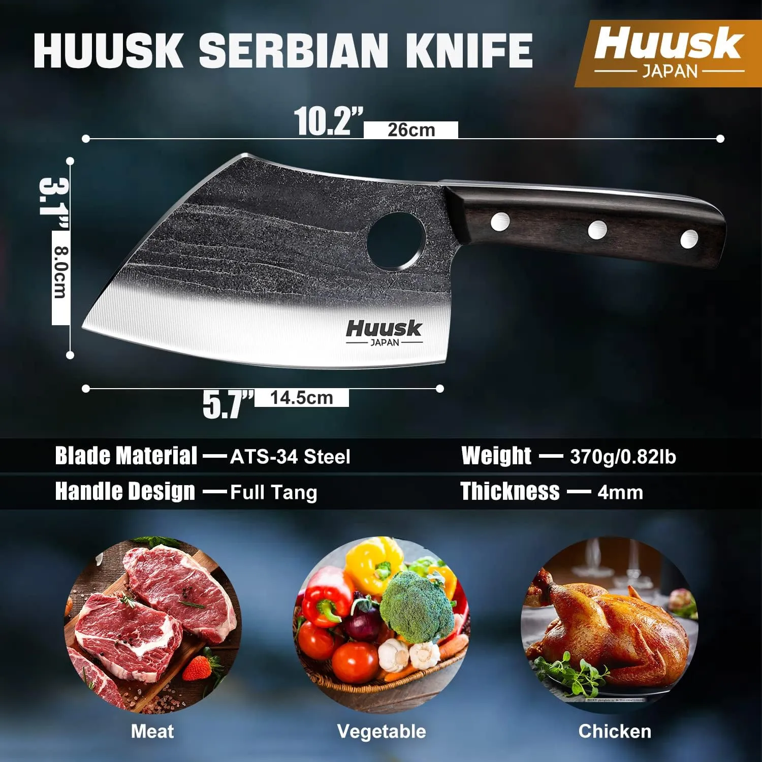 Huusk Serbian Chef Knife with Full Tang Handle Forged Butcher Knives for Meat Cutting Meat Cleaver Knife with Sheath for Halloween Kitchen Hunting or Camping Outdoor Gift for Dad
