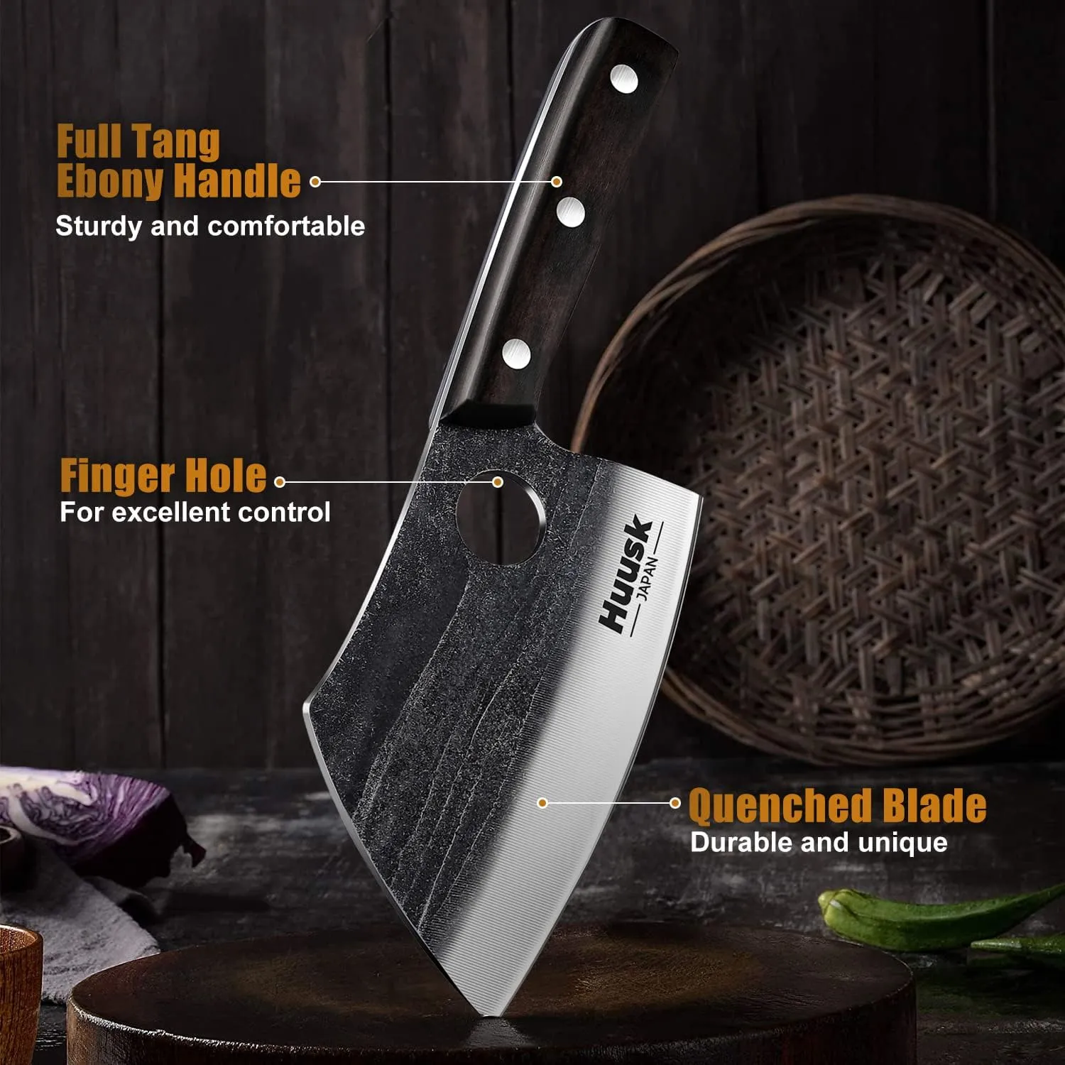 Huusk Serbian Chef Knife with Full Tang Handle Forged Butcher Knives for Meat Cutting Meat Cleaver Knife with Sheath for Halloween Kitchen Hunting or Camping Outdoor Gift for Dad