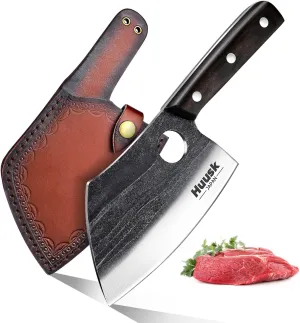 Huusk Serbian Chef Knife with Full Tang Handle Forged Butcher Knives for Meat Cutting Meat Cleaver Knife with Sheath for Halloween Kitchen Hunting or Camping Outdoor Gift for Dad
