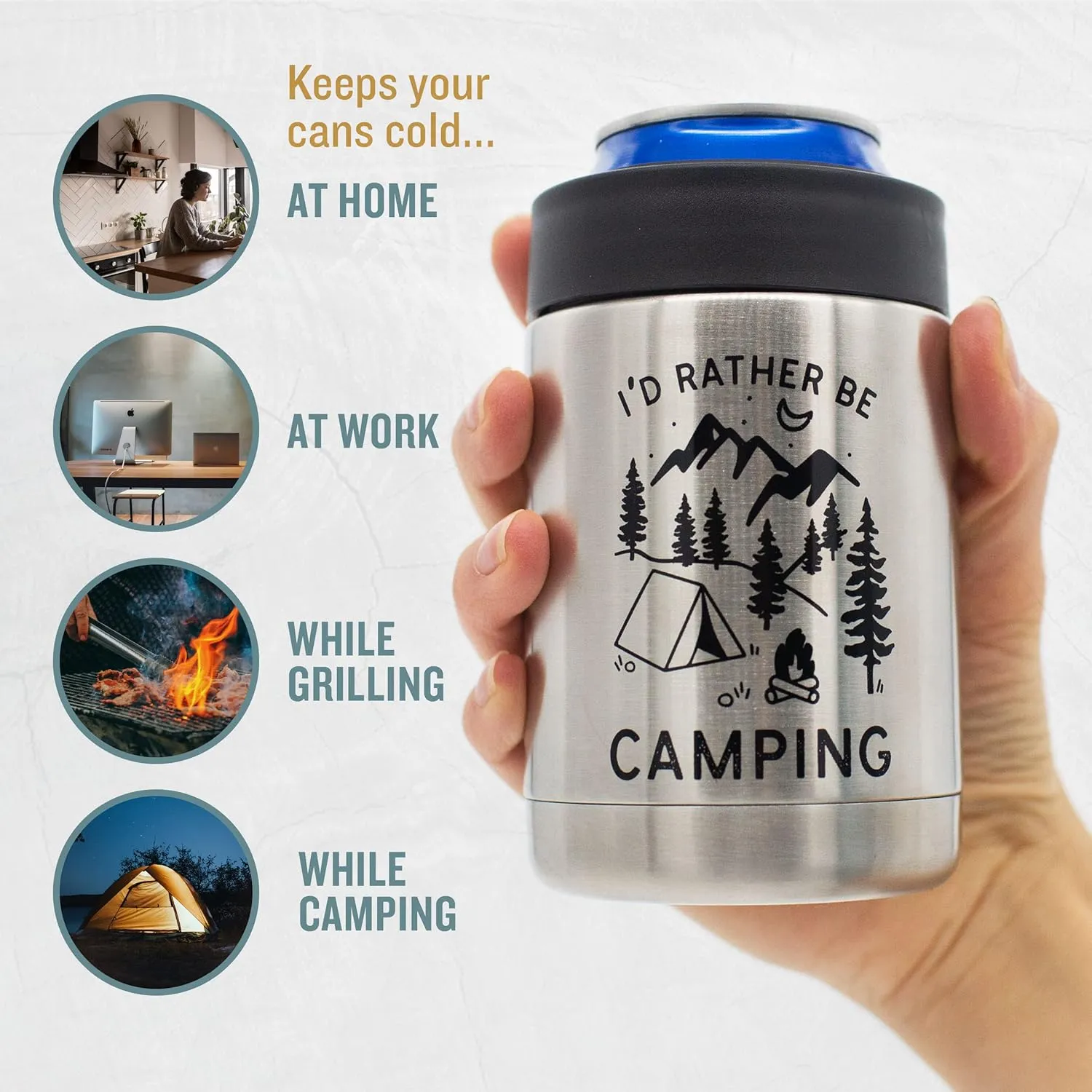 I'd Rather Be Camping - Insulated Stainless Steel Can Cooler for Cans   Bottles - RV and Camper Gift, Cool Camping Gift for Men and Women, Funny Campfire Coolie