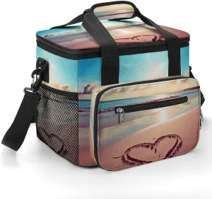 Insulated Camping Cooler Bag, Love Beach Print Ice Pack with Leakproof Lining 22.5L Capacity Portable Thermal Bag for Camping,Picnic
