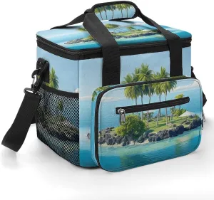 Insulated Camping Cooler Bag, Ocean Island Print Ice Pack with Leakproof Lining 22.5L Capacity Portable Thermal Bag for Camping,Picnic