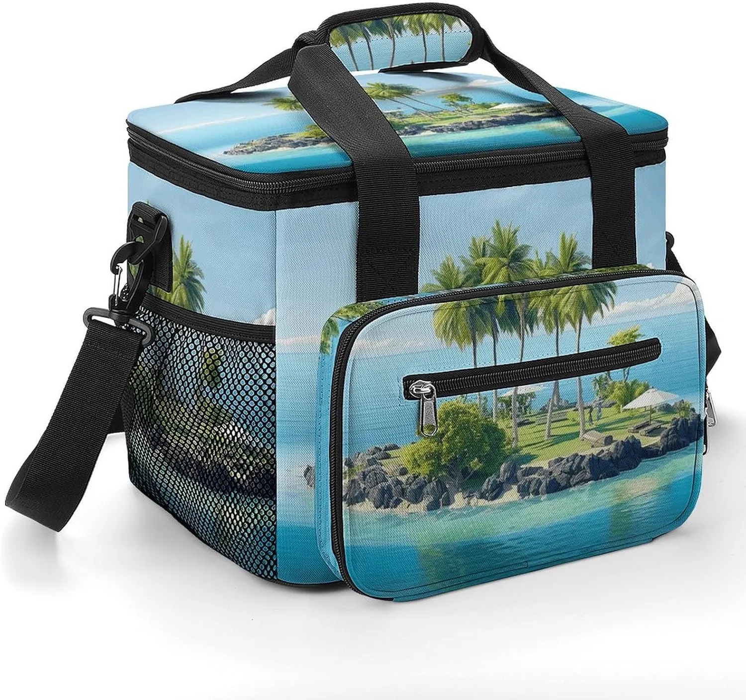 Insulated Camping Cooler Bag, Ocean Island Print Ice Pack with Leakproof Lining 22.5L Capacity Portable Thermal Bag for Camping,Picnic