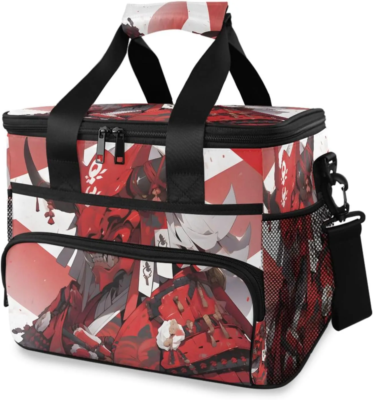 Insulated Cooler Bag 24 Cans Large Capacity Lunch Box-Warrior Japanese Print Leak Proof with Shoulder Strap for Camping Picnic