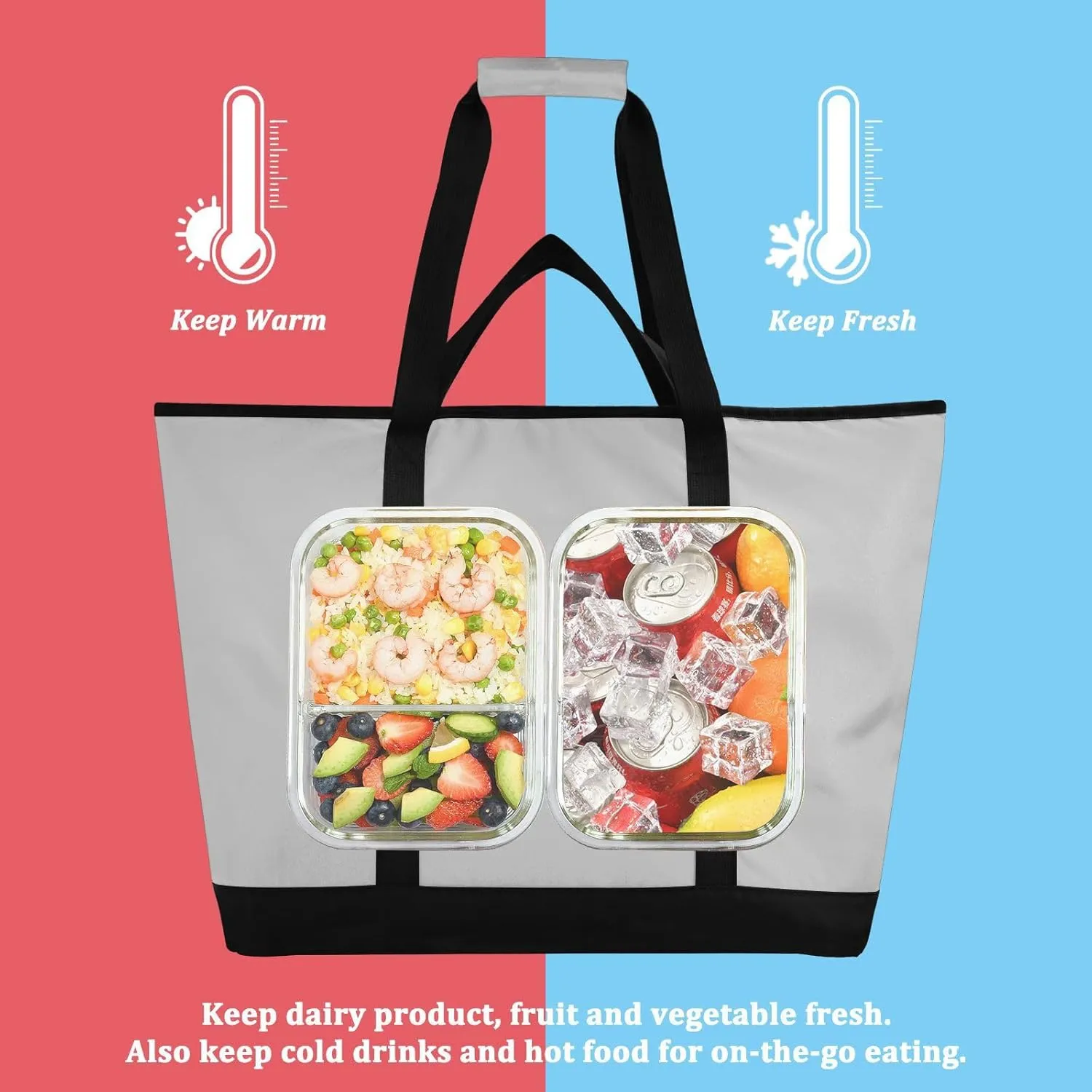 Insulated Cooler Tote Bag Keeps Food Hot or Cold Reusable Shopping Bags for Groceries with Zipper for Beach Travel Picnics