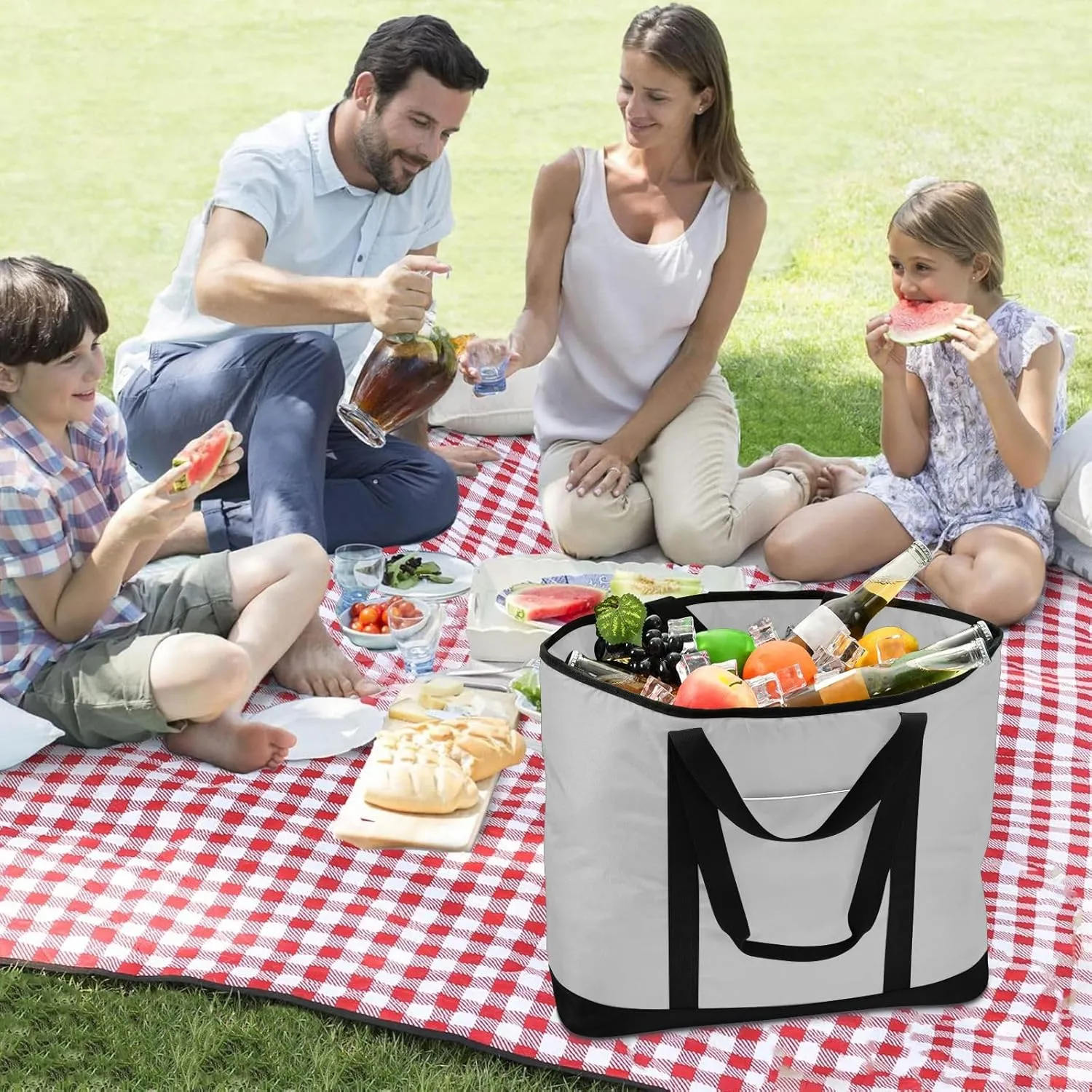 Insulated Cooler Tote Bag Keeps Food Hot or Cold Reusable Shopping Bags for Groceries with Zipper for Beach Travel Picnics