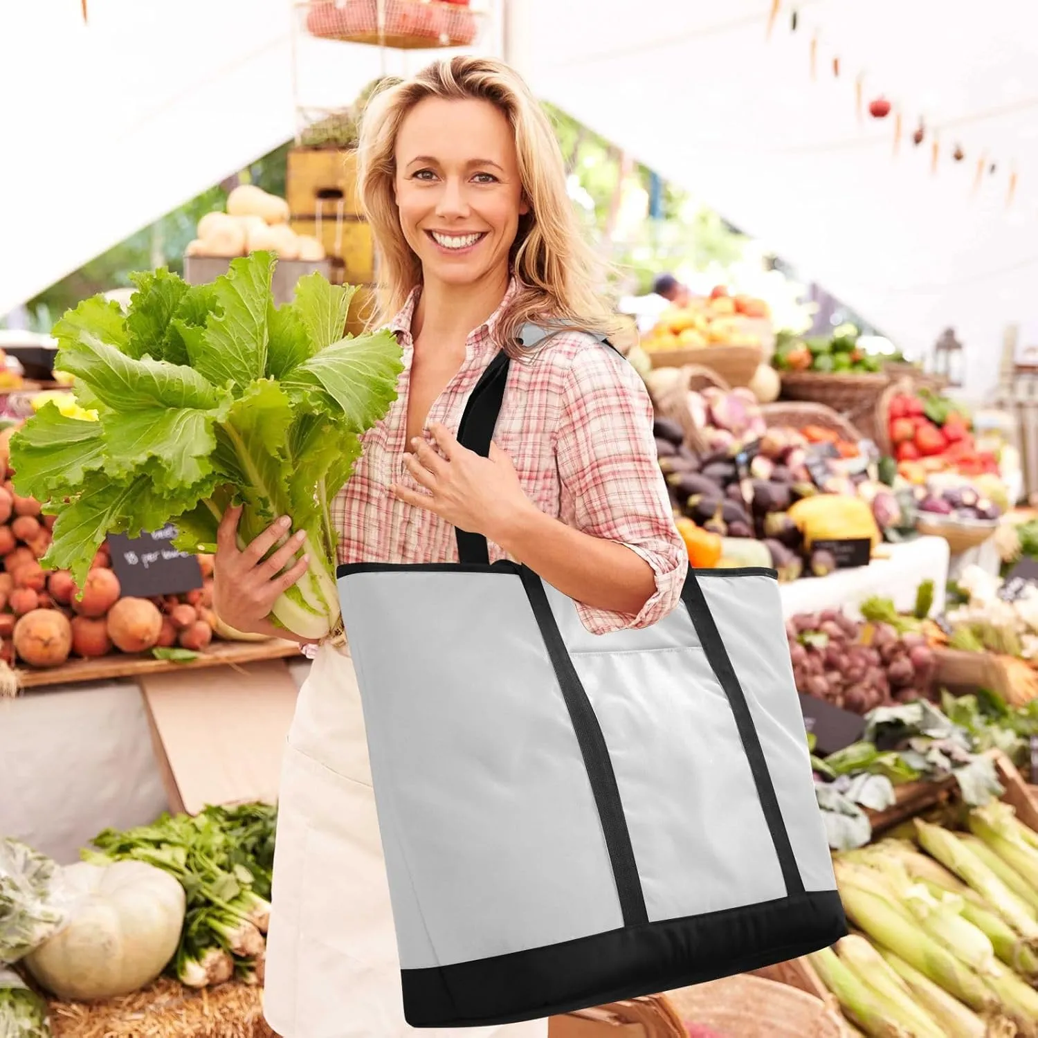 Insulated Cooler Tote Bag Keeps Food Hot or Cold Reusable Shopping Bags for Groceries with Zipper for Beach Travel Picnics