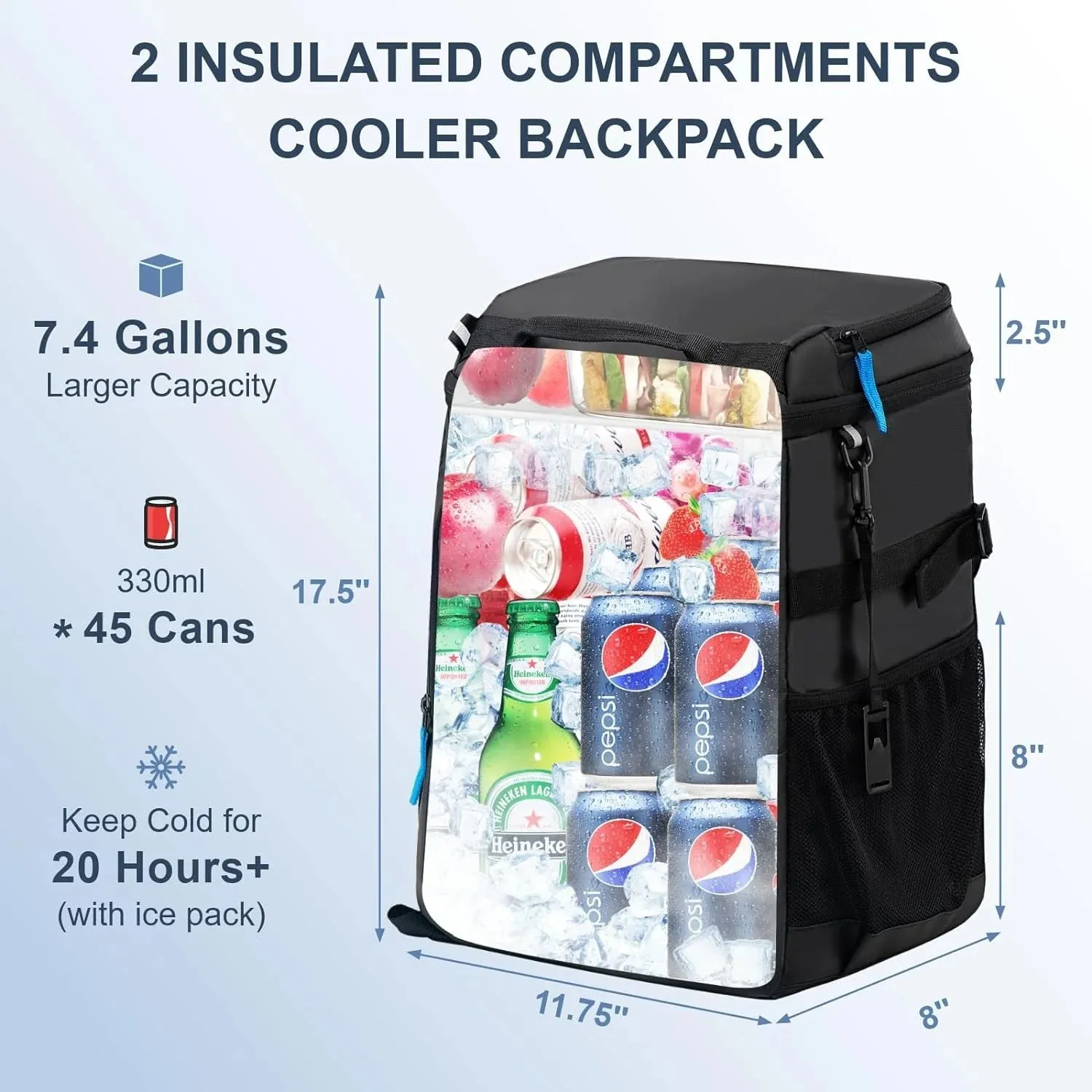 Insulated Large Travel Backpack Cooler - Waterproof 45 Can Capacity with 2 Compartments for Beach & Camping Adventures