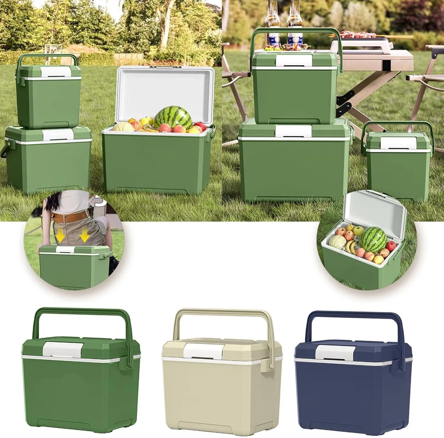 Insulated Portable Camping Coolers, Ice Retention Hard Cooler with Handle, Small Ice Chest Hard Food Storage for Beach, Camping, Sports