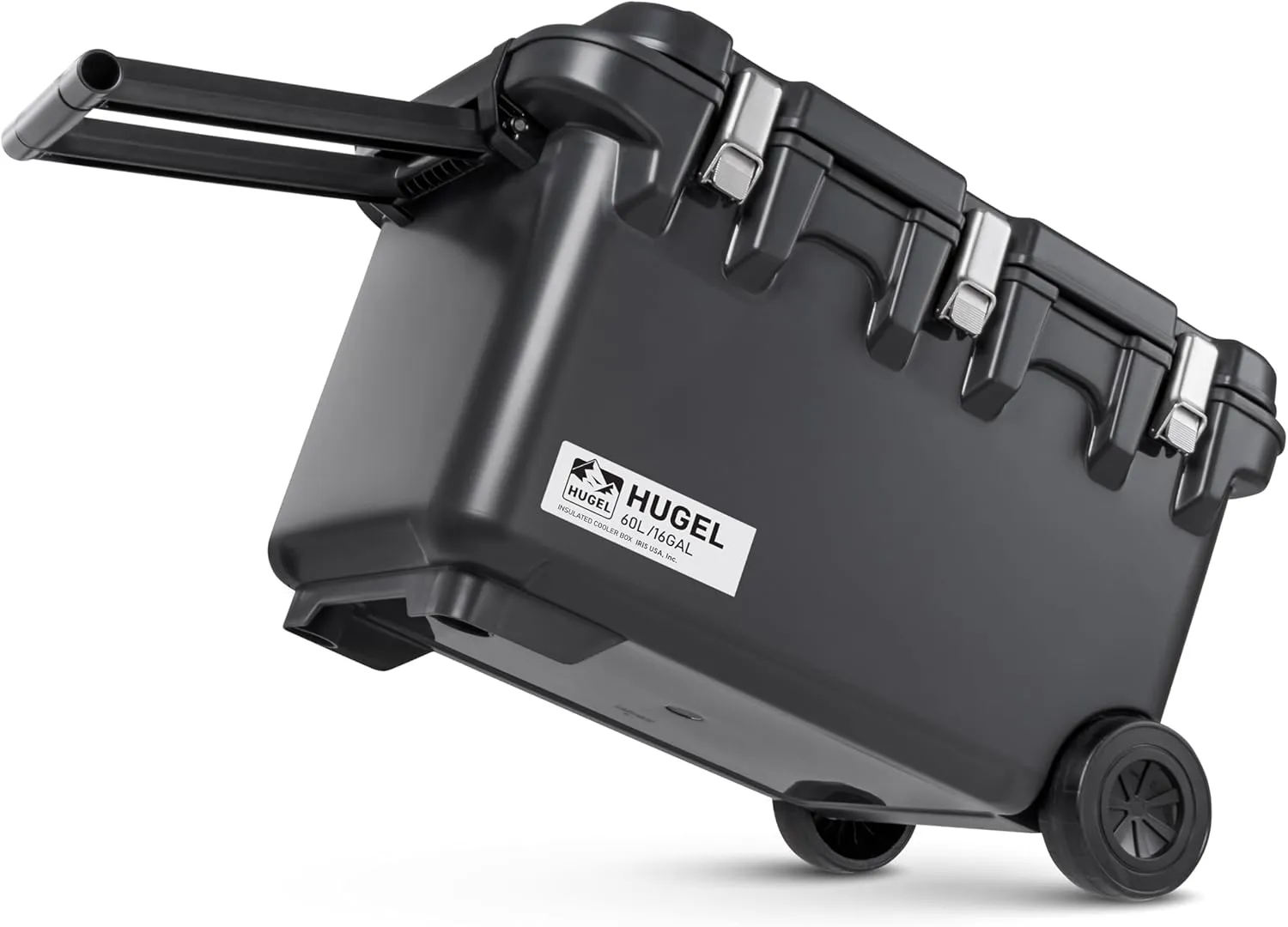 IRIS USA Hugel 64 QT Cooler with Wheels, Heavy Duty Metal Buckles, Portable Vacuum-Insulated Ice Chest, Built-in Handles, Durable Hard Cooler, Fishing Camping Boats Beach Road Trips, Gray