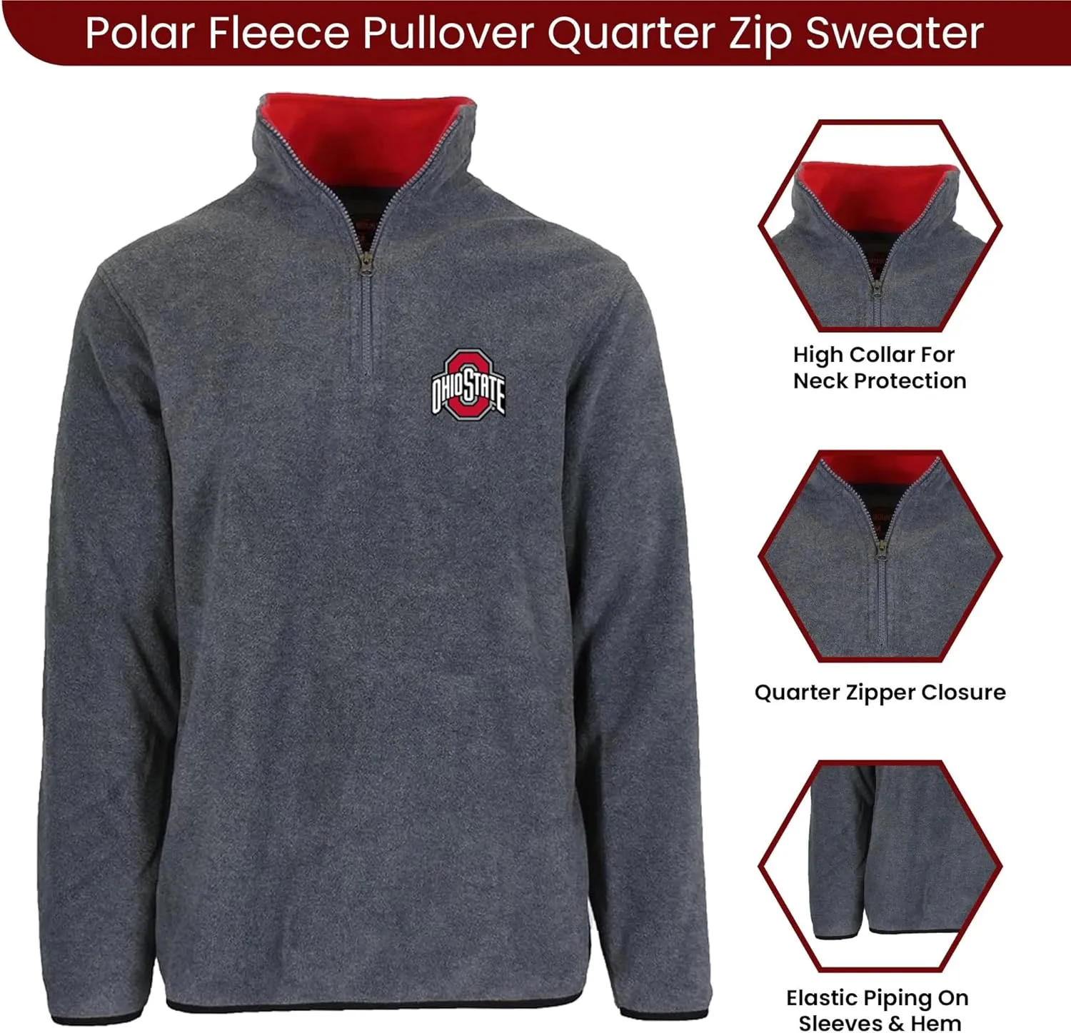 JH DESIGN Men's Ohio State Buckeyes Quarter Zip Fleece Pullover Long Sleeve Shirt