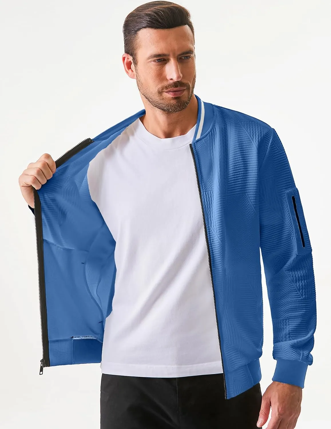JMIERR Mens Casual Jacquard Bomber Jackets Color-Block Lightweight Varsity Jacket Fashion Zipper Coat with Pockets