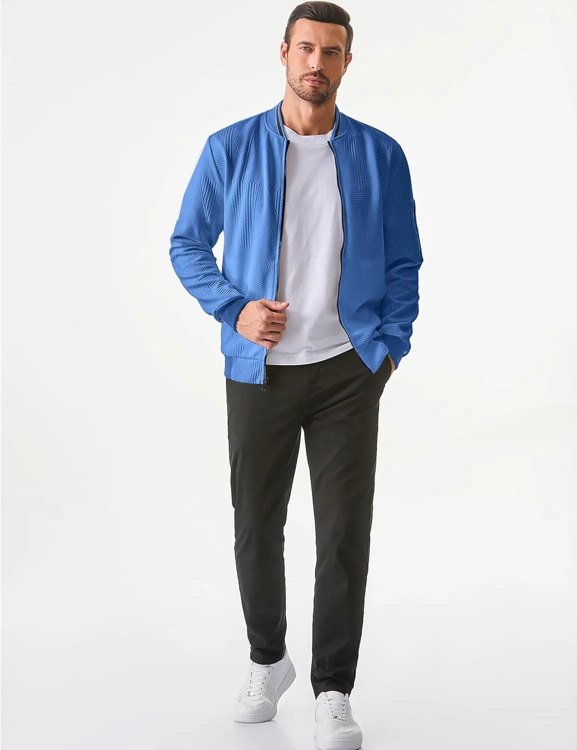 JMIERR Mens Casual Jacquard Bomber Jackets Color-Block Lightweight Varsity Jacket Fashion Zipper Coat with Pockets