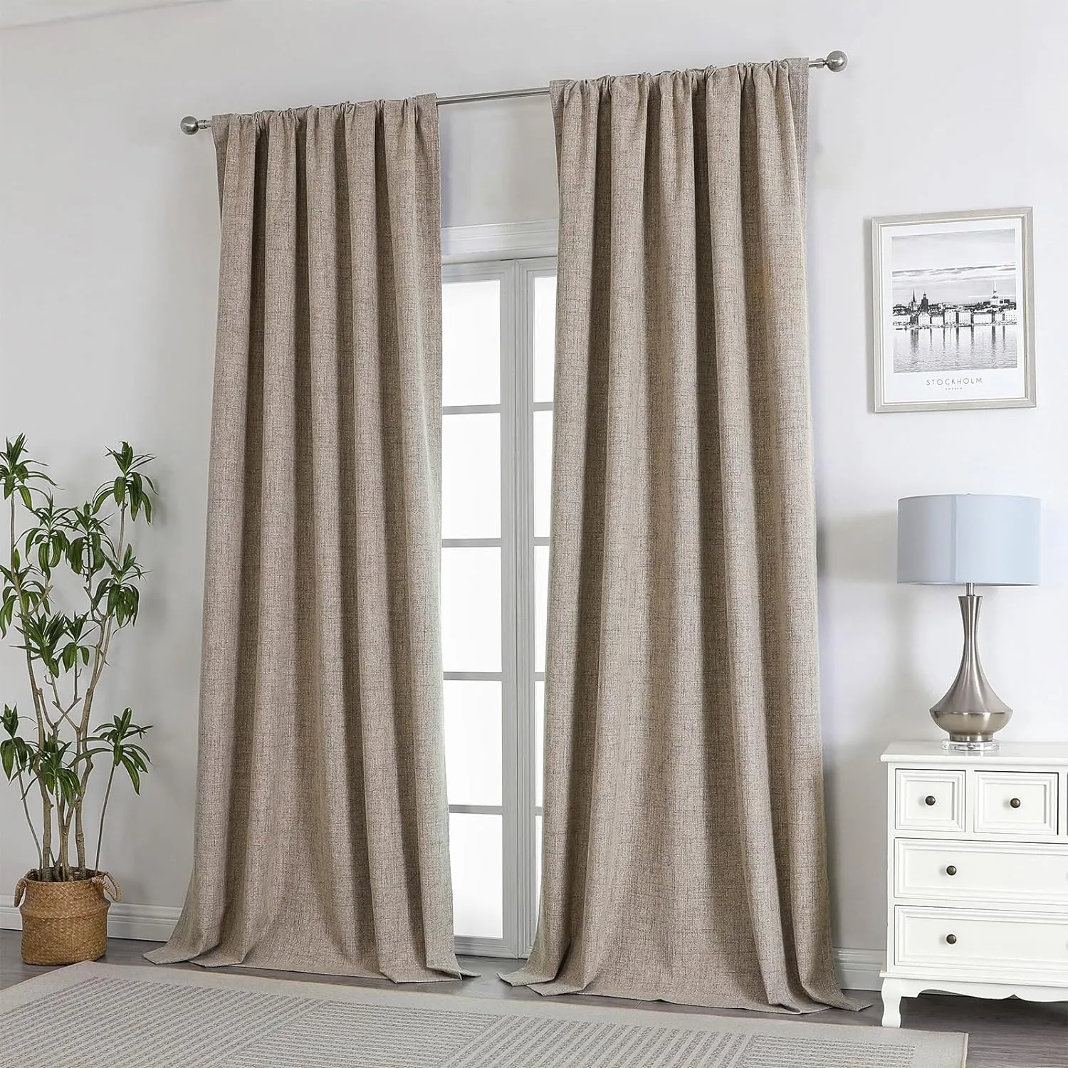 Joydeco Blackout Linen Curtains 96 inches Long 100% Blackout Drapes 95 inch Length 2 Panels Set for Bedroom Living Room Darkening Curtain Thermal Insulated Backtab RodPocket(52x96inch Linen)
