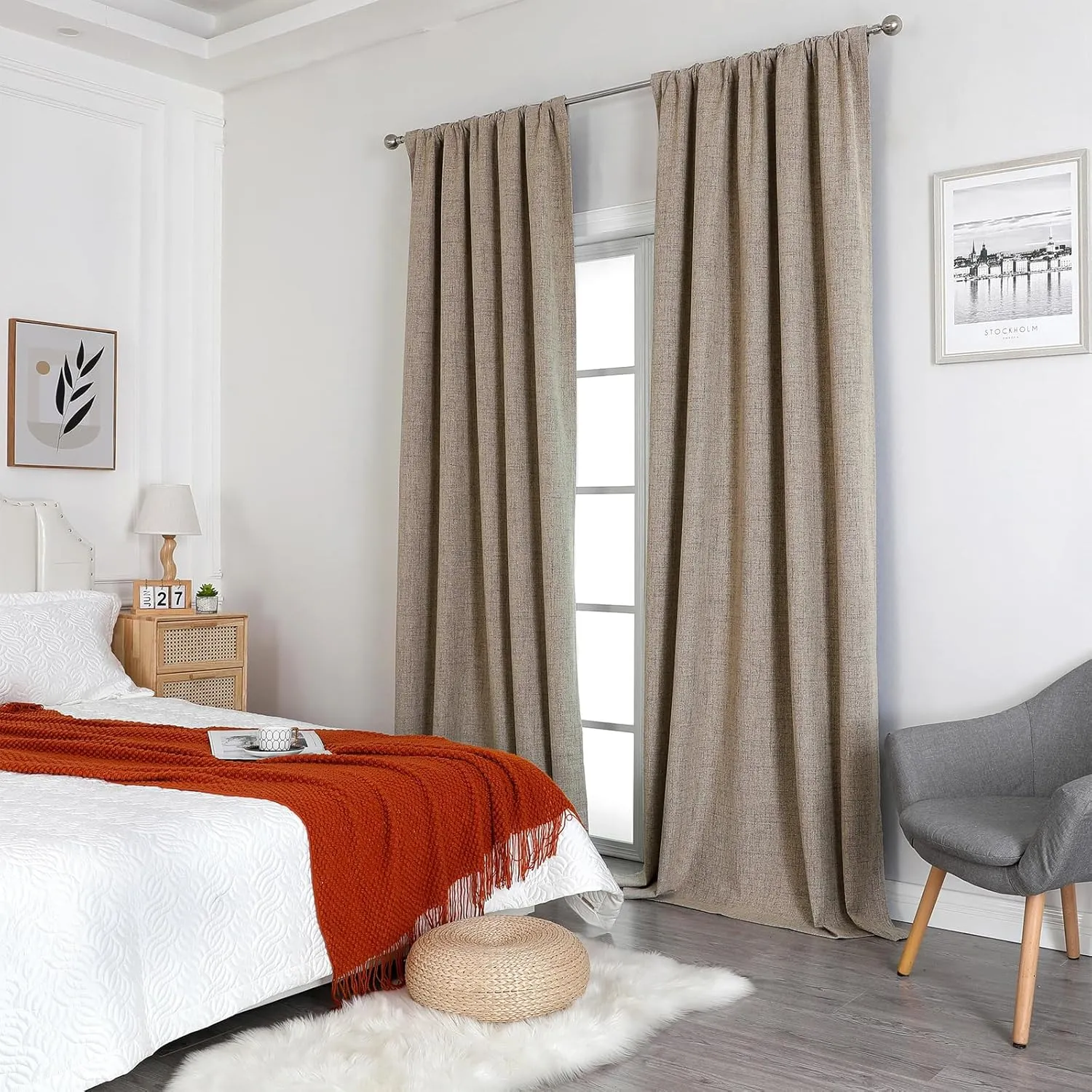 Joydeco Blackout Linen Curtains 96 inches Long 100% Blackout Drapes 95 inch Length 2 Panels Set for Bedroom Living Room Darkening Curtain Thermal Insulated Backtab RodPocket(52x96inch Linen)
