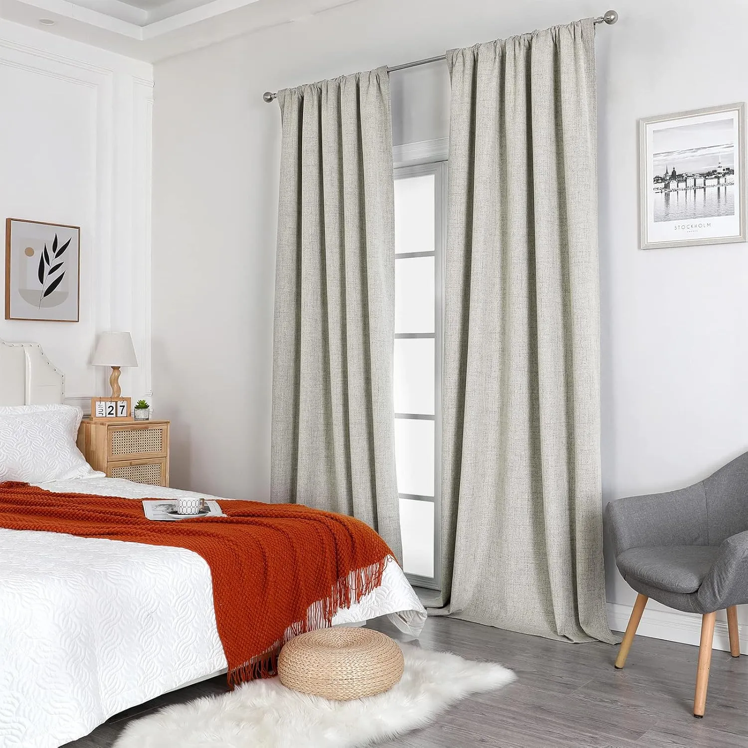 Joydeco Linen Curtains 96 inches Long 100% Blackout Drapes 95 inch Length 2 Panels Set for Bedroom Living Room Black Out Darkening Curtain Thermal Insulated Back tab Rod Pocket(52x96 inch,Light Beige)