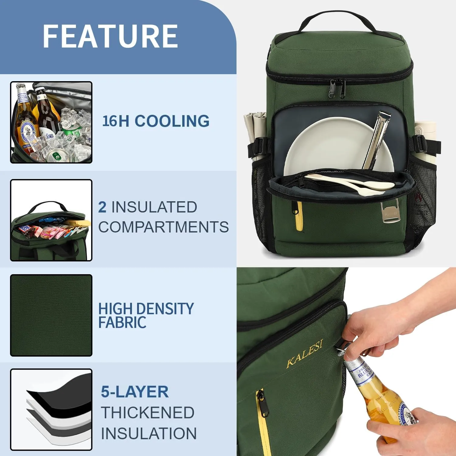 Kalesi Cooler Backpack 36 Cans Lightweight Insulated Backpack Cooler Leak-Proof Travel Camping Lunch Backpack Outdoor Cutlery Backpack for Men and Women