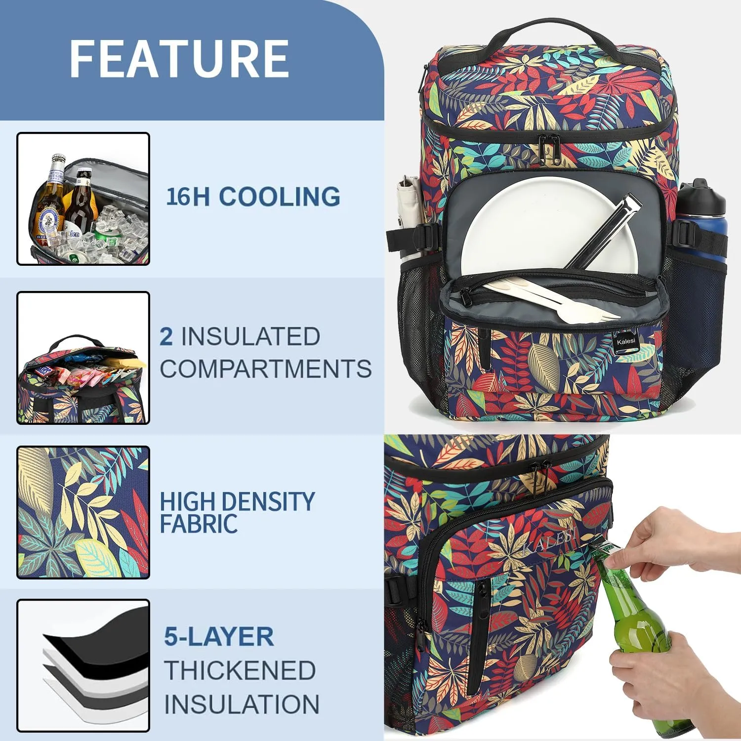 Kalesi Cooler Backpack 36 Cans Lightweight Insulated Backpack Cooler Leak-Proof Travel Camping Lunch Backpack Outdoor Cutlery Backpack for Men and Women