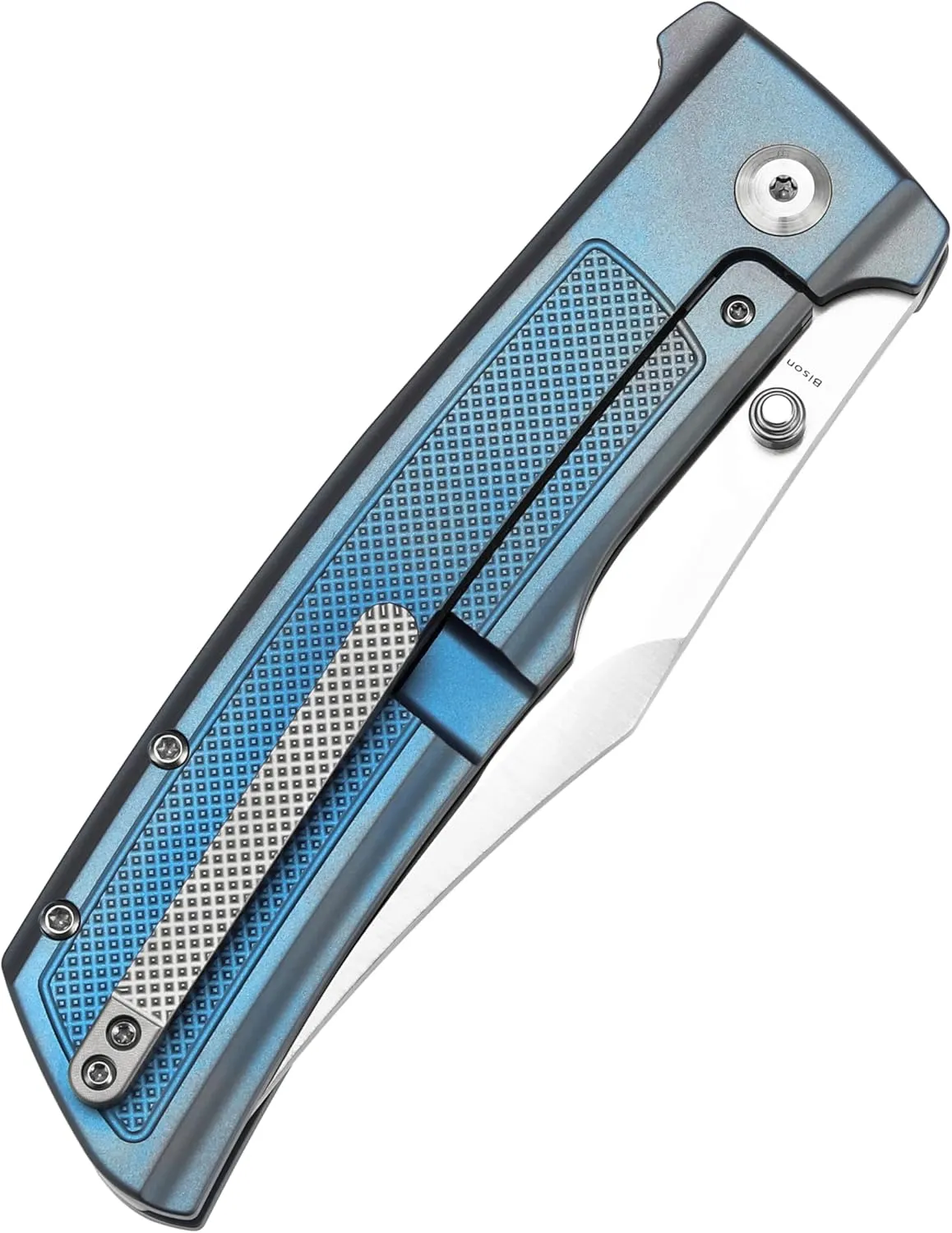 KANSEPT Bison Pocket Folding Knife, 4.25'' Satin CPM S35VN Steel Sharp Blade, Blue Anodized Titanium with Frag Pattern Handle, Frame Lock and Thumb Stud for Edc, Camping Hiking Knives K1108A2