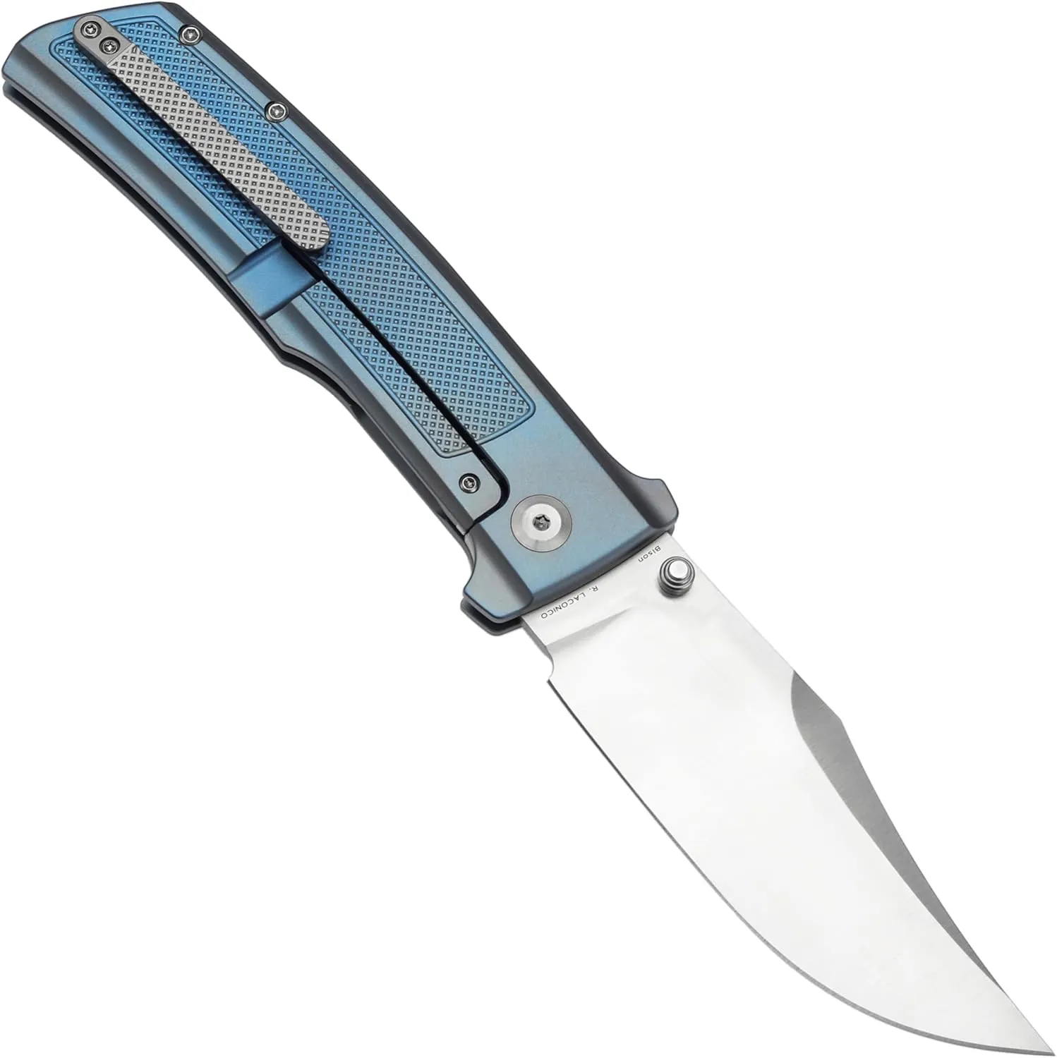 KANSEPT Bison Pocket Folding Knife, 4.25'' Satin CPM S35VN Steel Sharp Blade, Blue Anodized Titanium with Frag Pattern Handle, Frame Lock and Thumb Stud for Edc, Camping Hiking Knives K1108A2