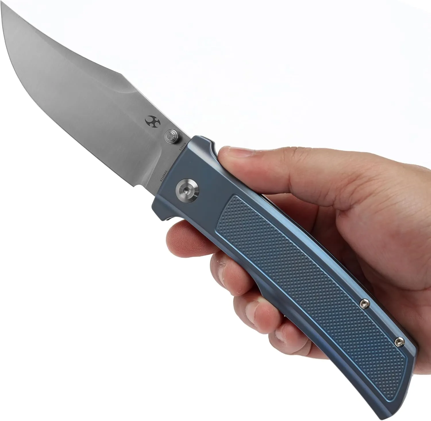 KANSEPT Bison Pocket Folding Knife, 4.25'' Satin CPM S35VN Steel Sharp Blade, Blue Anodized Titanium with Frag Pattern Handle, Frame Lock and Thumb Stud for Edc, Camping Hiking Knives K1108A2