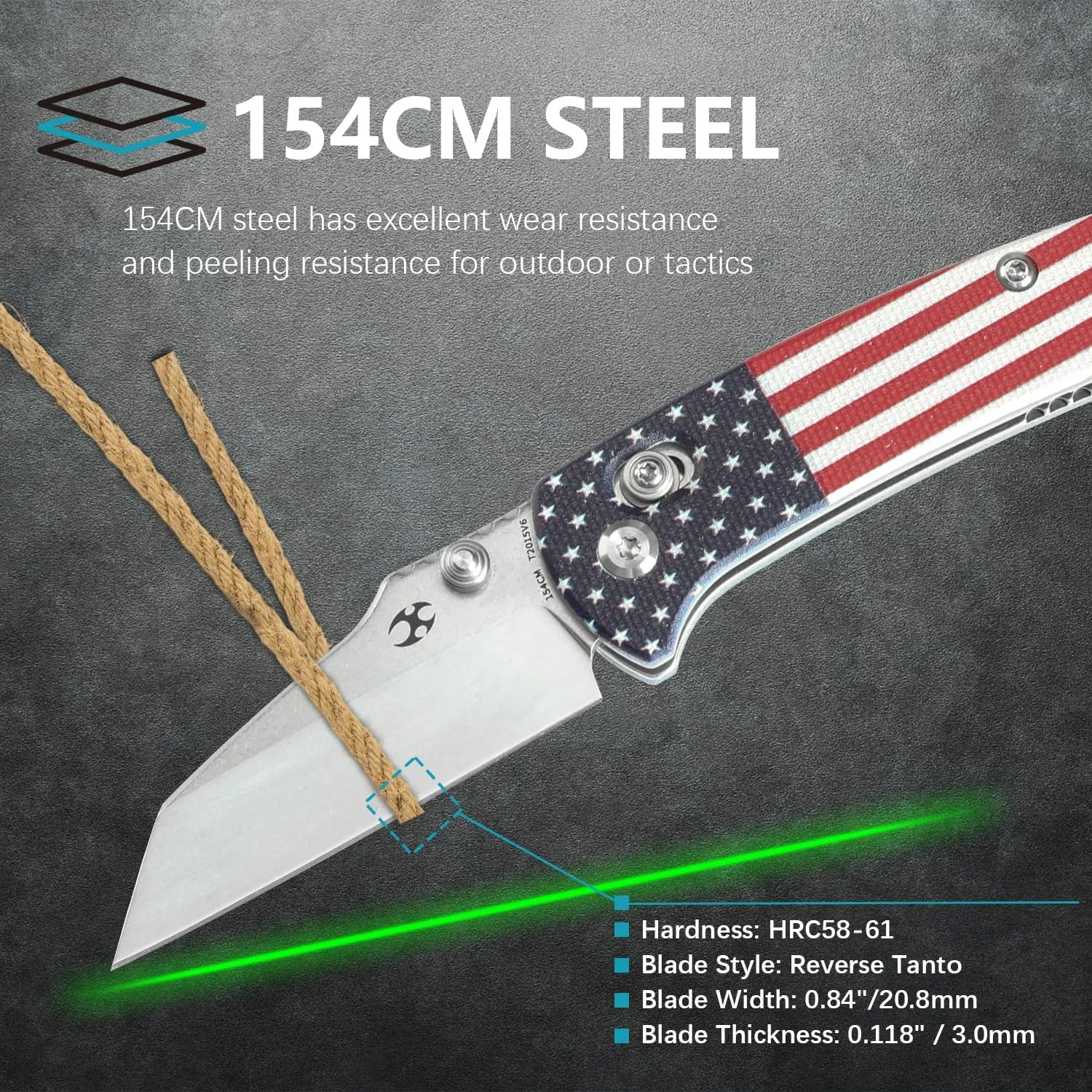 KANSEPT Little Main Street Pocket Folding Knives EDC Axis Lock Camping Knife 2.26'' Stonewashed 154CM Blade Knife with Jade G10 with American Flag Handle for Men Women Everyday Carry T2015V6