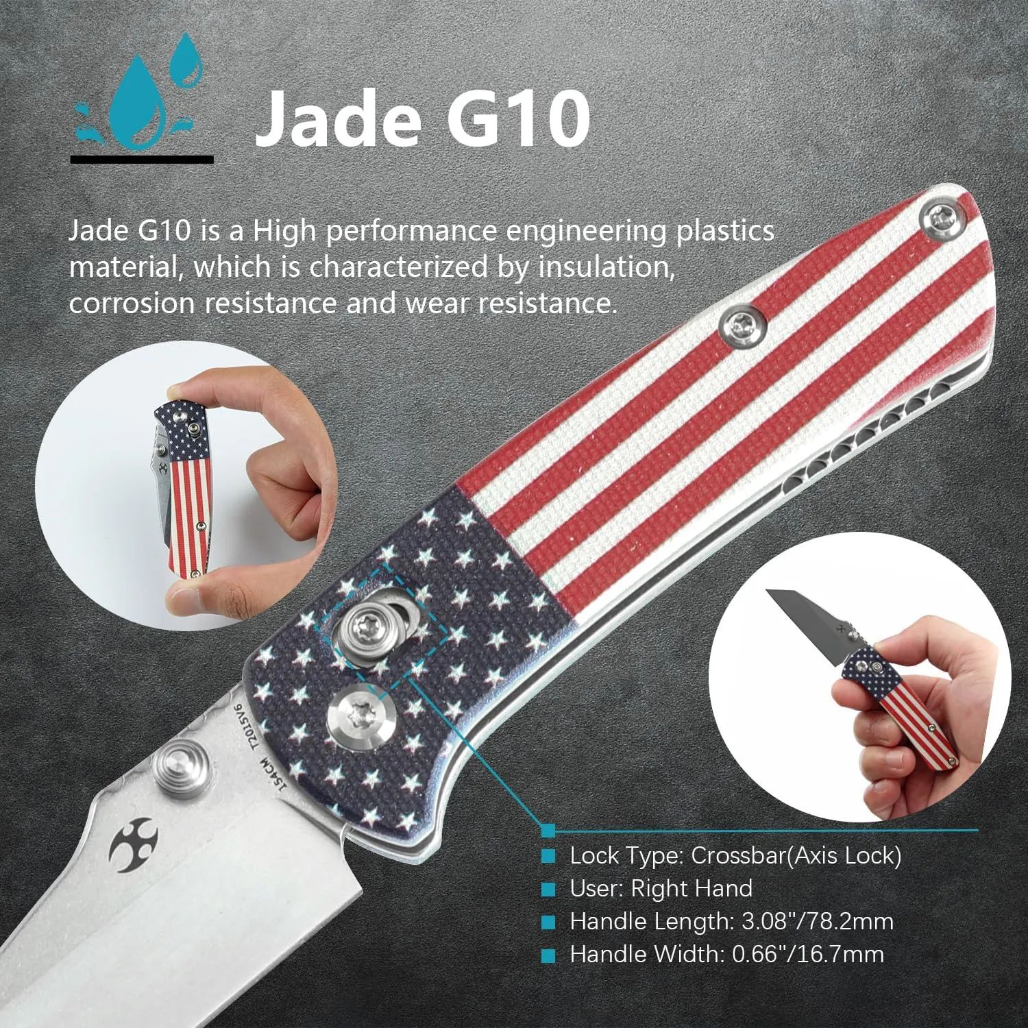 KANSEPT Little Main Street Pocket Folding Knives EDC Axis Lock Camping Knife 2.26'' Stonewashed 154CM Blade Knife with Jade G10 with American Flag Handle for Men Women Everyday Carry T2015V6