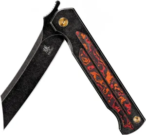 KATSU Camping Pocket Folding Japanese Knife, CPM S35VN Blade, Black Stonewashed Titanium Handle With Mars Valley Fat Carbon Fiber Inlay