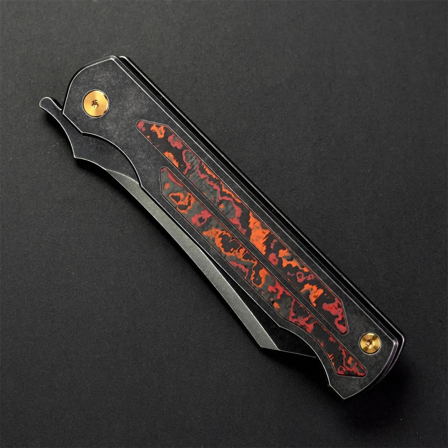 KATSU Camping Pocket Folding Japanese Knife, CPM S35VN Blade, Black Stonewashed Titanium Handle With Mars Valley Fat Carbon Fiber Inlay