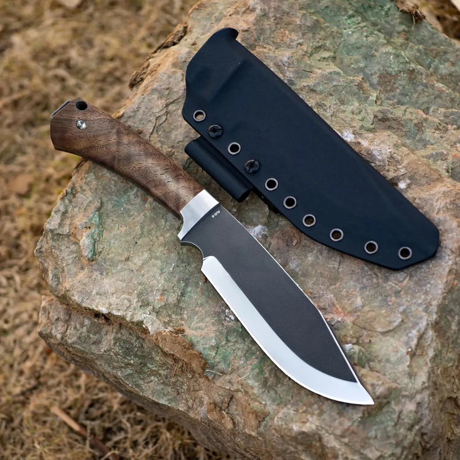 KATSU Full Tang Fixed Blade Knife with K-Sheath, Flat Saber Grind and Clip Point Blade, Camping, Hiking & Outdoor Camping Knives for Men, Modern Kennata (Walnut Handle)