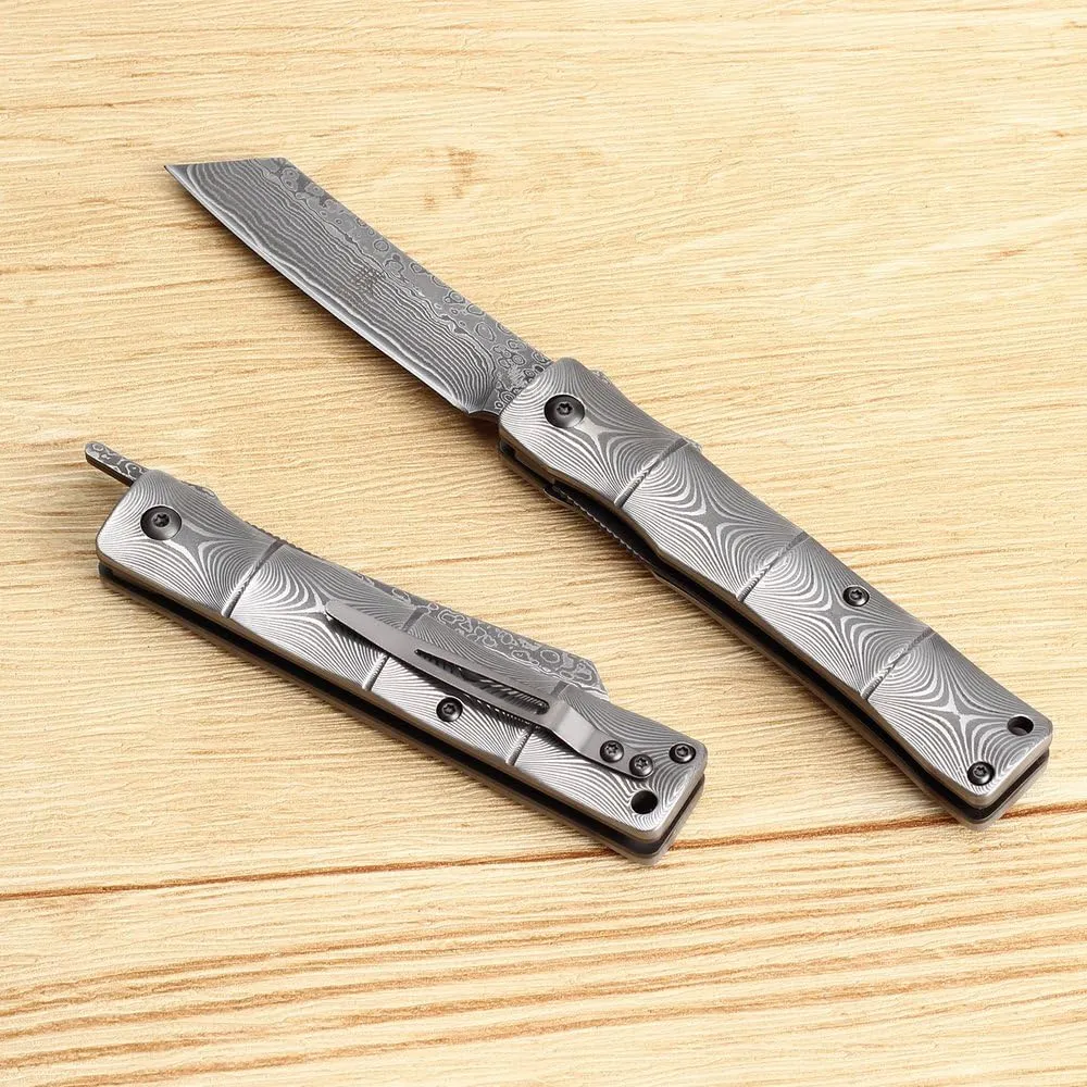 KATSU Handmade Full Damascus Steel Bamboo Style Japanese Razor Pocket Folding Knife with Pocket Clip
