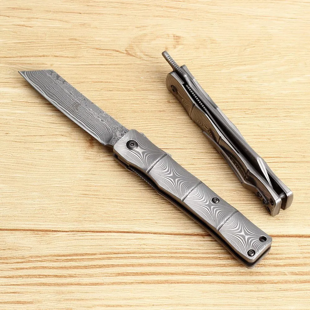 KATSU Handmade Full Damascus Steel Bamboo Style Japanese Razor Pocket Folding Knife with Pocket Clip