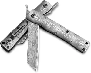 KATSU Handmade Full Damascus Steel Bamboo Style Japanese Razor Pocket Folding Knife with Pocket Clip