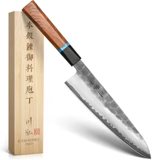 KAWAHIRO Japanese Hand Forging Chef Knife, Professional Handcrafted 8 inch Kitchen Knife, 3 Layers Japan VG10 Super High Carbon Steel Chef's Knife, Ergonomic Handle Grip and Gift Wood Box