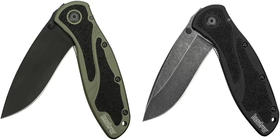 Kershaw Blur, Olive/Black Pocket Knife (1670OLBLK) & Blur Blackwash (1670BW); 3.4” BlackWashed 14C28N Steel Blade and Black Anodized Aluminum Handle with Black Textured Trac-Tec Inserts,3.9 OZ