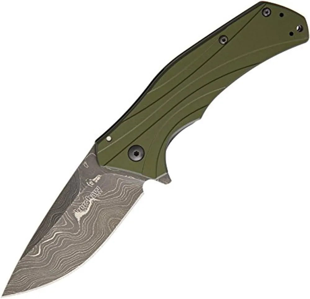 Kershaw Knockout Assisted Opening Knife OD Green (3.25" Damascus) 1870OLDAM