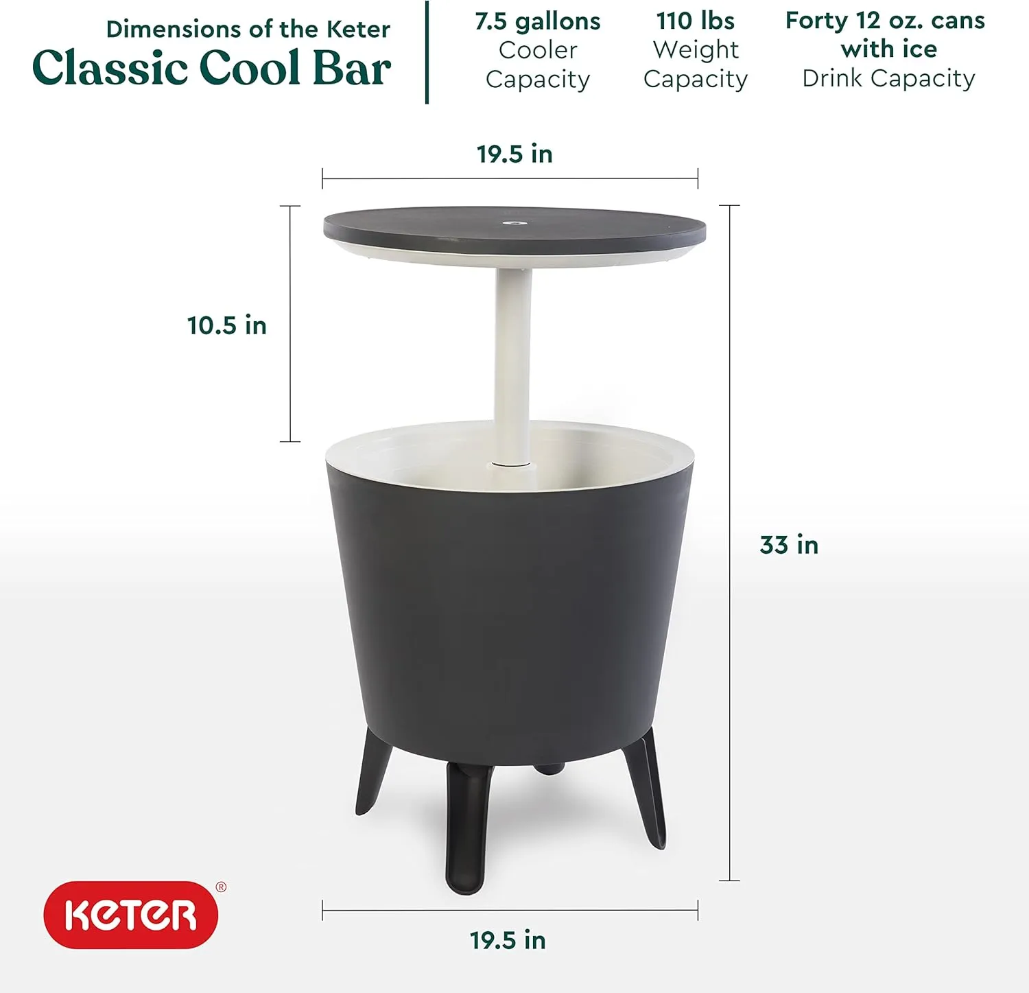 Keter Modern Cool Bar Outdoor Patio Furniture and Hot Tub Side Table with 7.5 Gallon Beer and Wine Cooler, Dark Grey