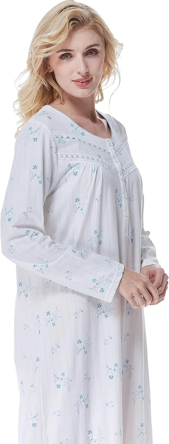 Keyocean Nightgowns for Women, Soft Cotton Comfortable Lightweight Long-Sleeve Ladies Night Dresses