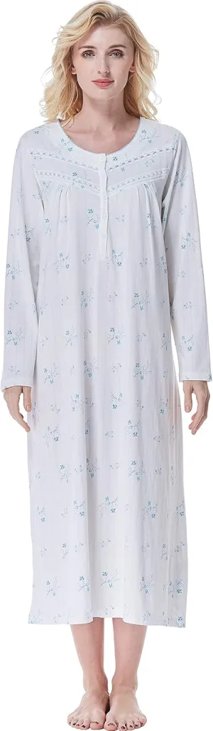 Keyocean Nightgowns for Women, Soft Cotton Comfortable Lightweight Long-Sleeve Ladies Night Dresses