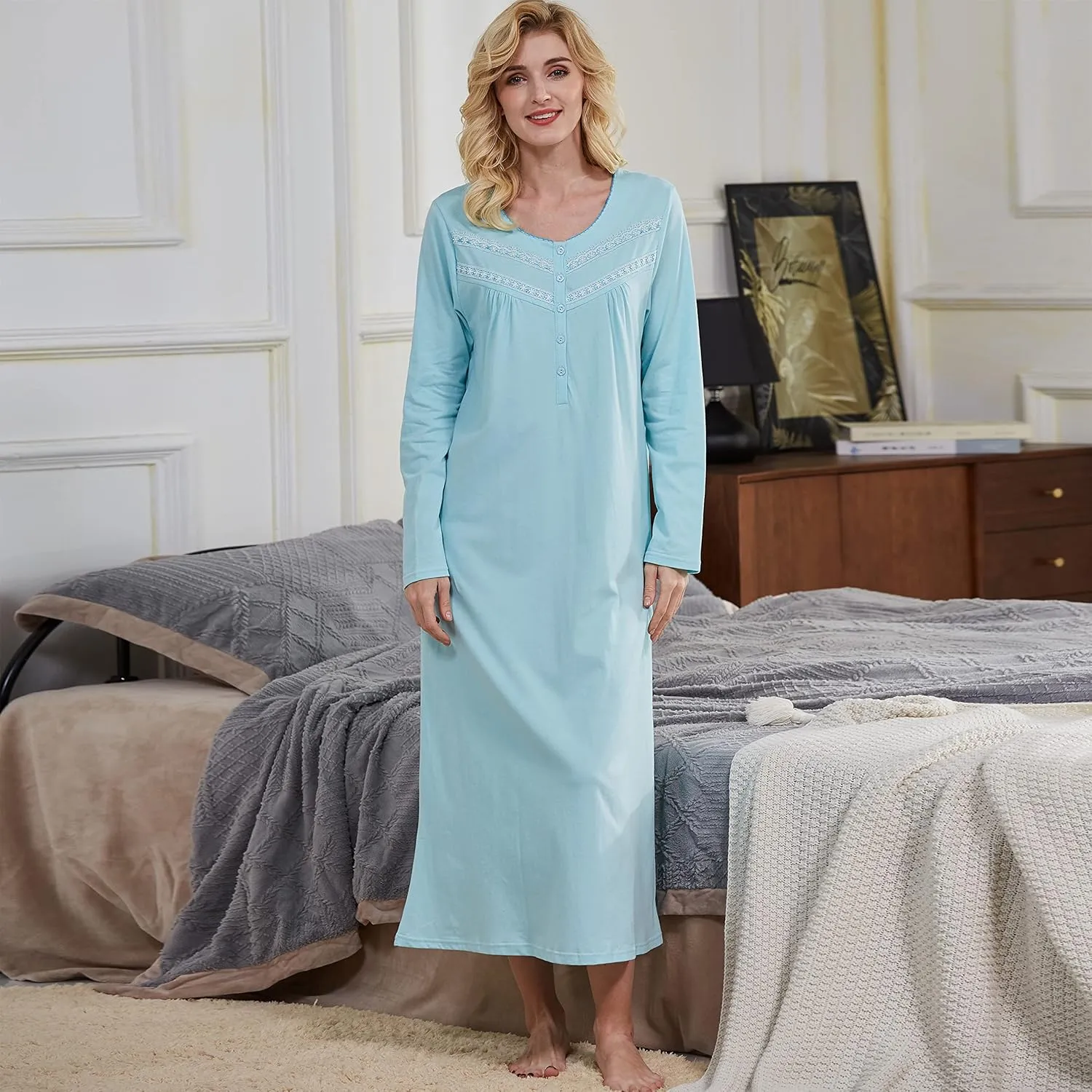 Keyocean Nightgowns for Women, Soft Cotton Comfortable Lightweight Long-Sleeve Ladies Night Dresses