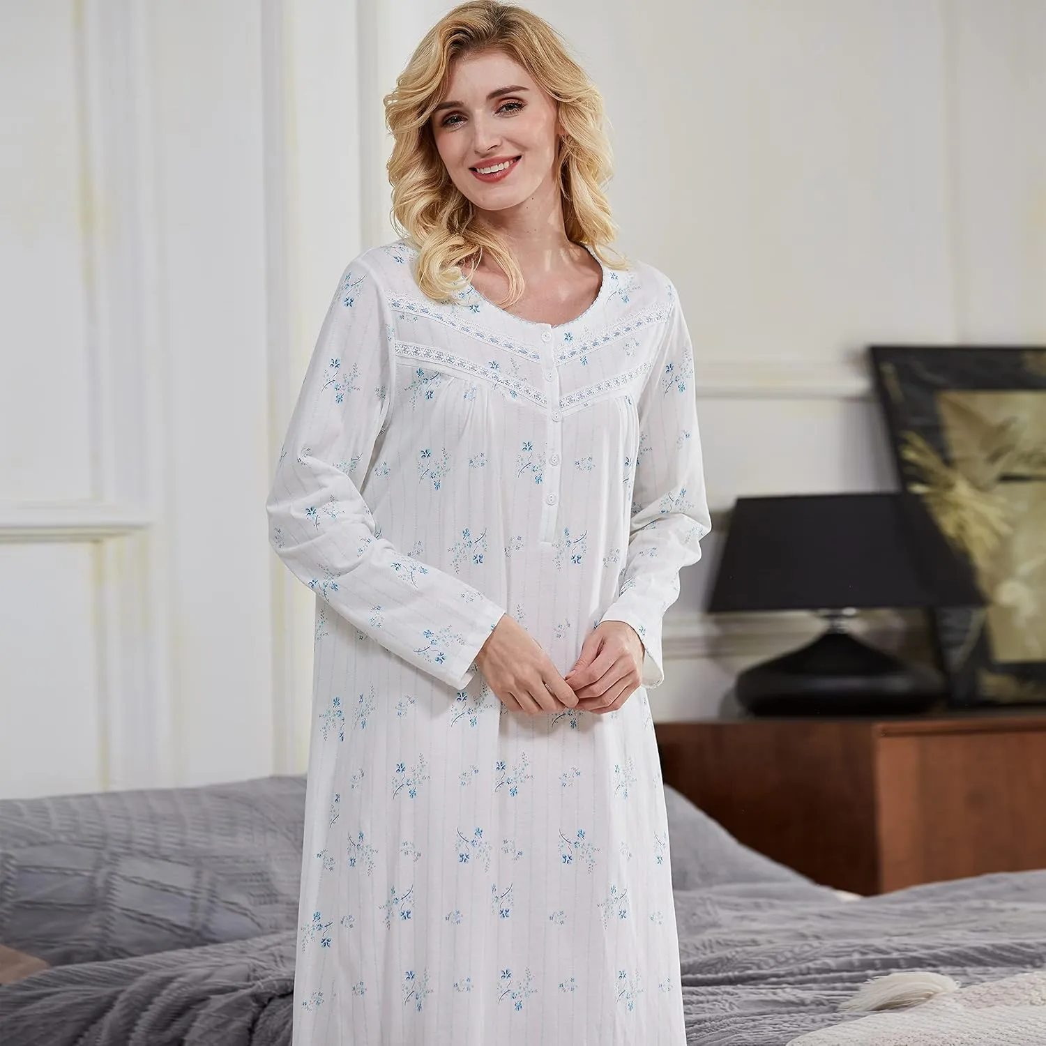 Keyocean Nightgowns for Women, Soft Cotton Comfortable Lightweight Long-Sleeve Ladies Night Dresses