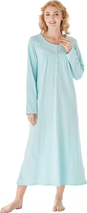 Keyocean Nightgowns for Women, Soft Cotton Comfortable Lightweight Long-Sleeve Ladies Night Dresses