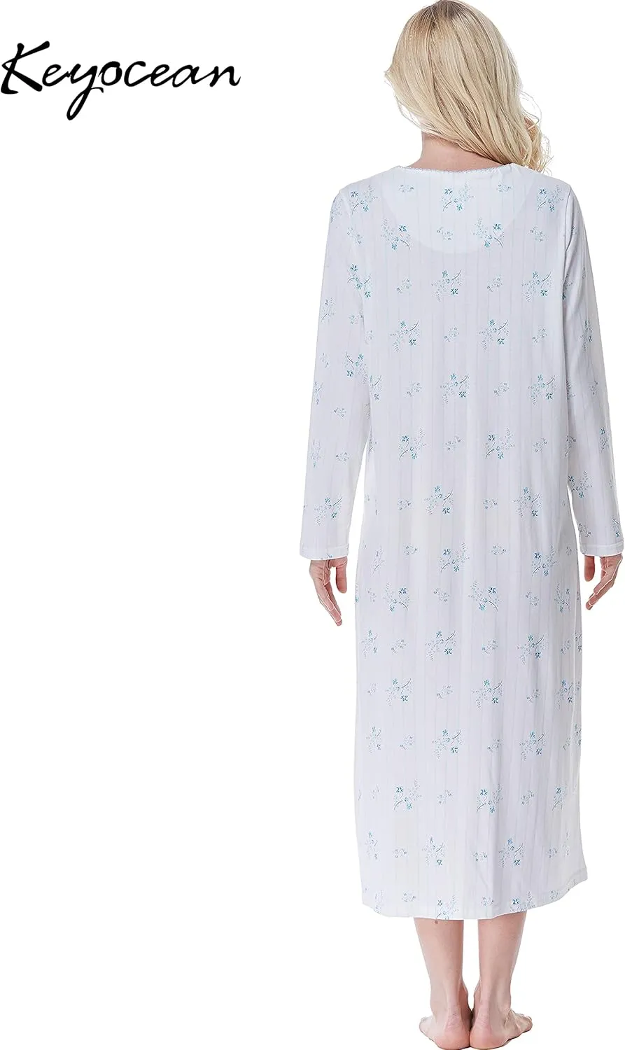 Keyocean Nightgowns for Women, Soft Cotton Comfortable Lightweight Long-Sleeve Ladies Night Dresses