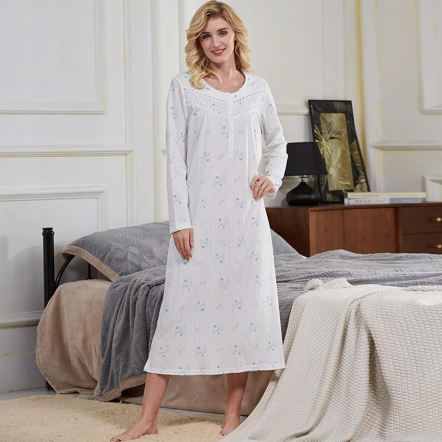 Keyocean Nightgowns for Women, Soft Cotton Comfortable Lightweight Long-Sleeve Ladies Night Dresses