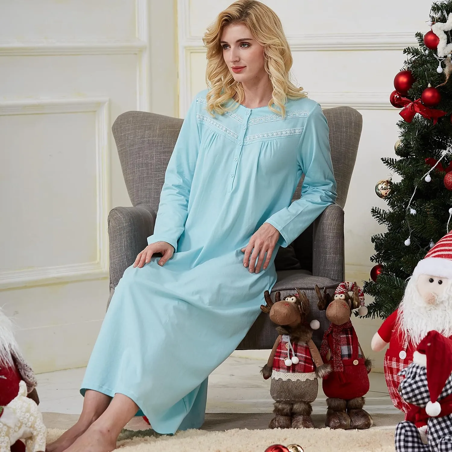 Keyocean Nightgowns for Women, Soft Cotton Comfortable Lightweight Long-Sleeve Ladies Night Dresses