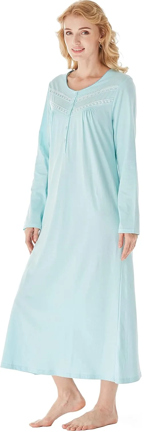 Keyocean Nightgowns for Women, Soft Cotton Comfortable Lightweight Long-Sleeve Ladies Night Dresses