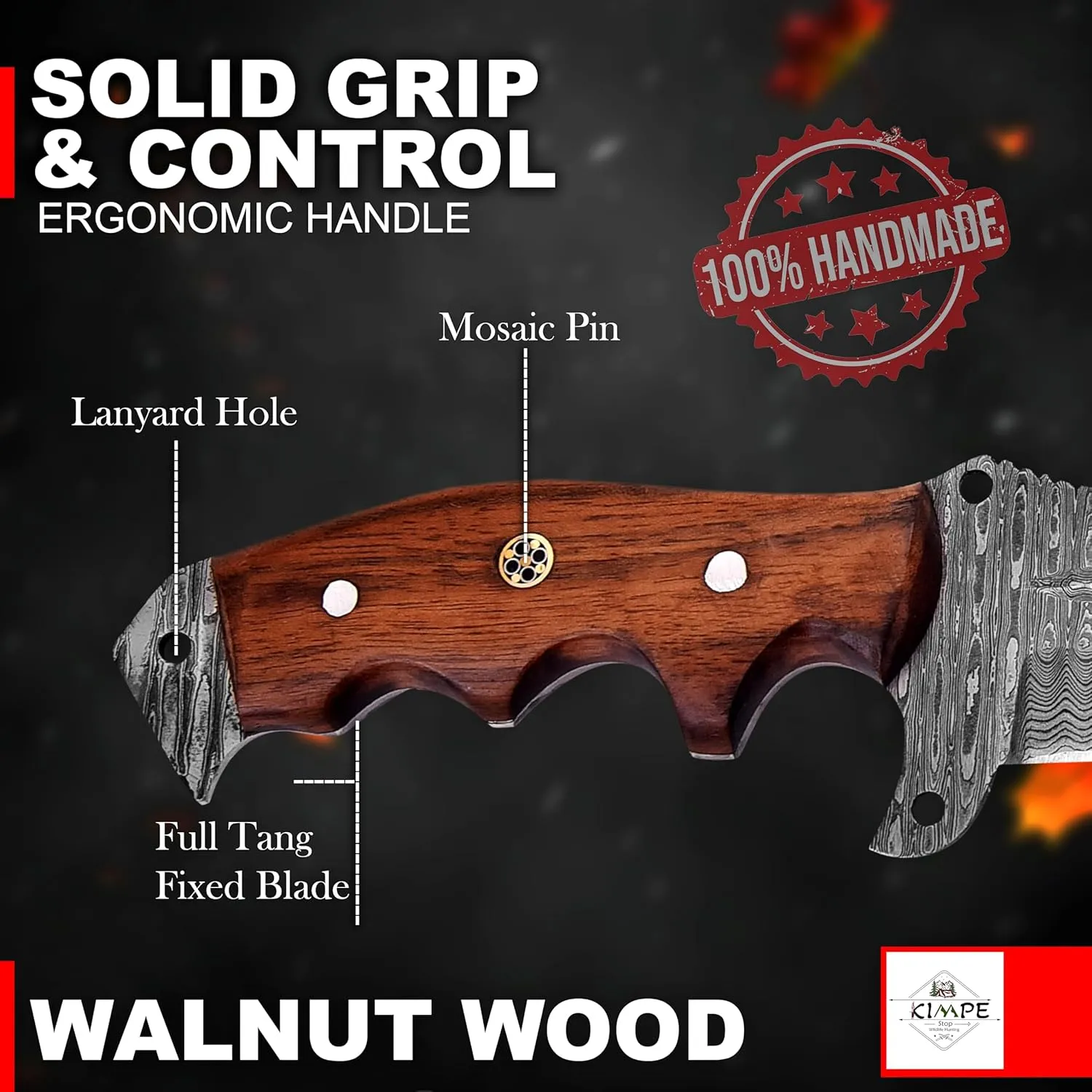 KIMPE 10.5’’ Damascus Hunting Knife with Leather Sheath-Fixed Blade EDC Knife-Bushcraft Knives-Wood Handle-Best Camping Knife & Survival Knife-Knives for Men. (Walnut Wood)