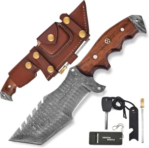 KIMPE 10.5’’ Damascus Hunting Knife with Leather Sheath-Fixed Blade EDC Knife-Bushcraft Knives-Wood Handle-Best Camping Knife & Survival Knife-Knives for Men. (Walnut Wood)