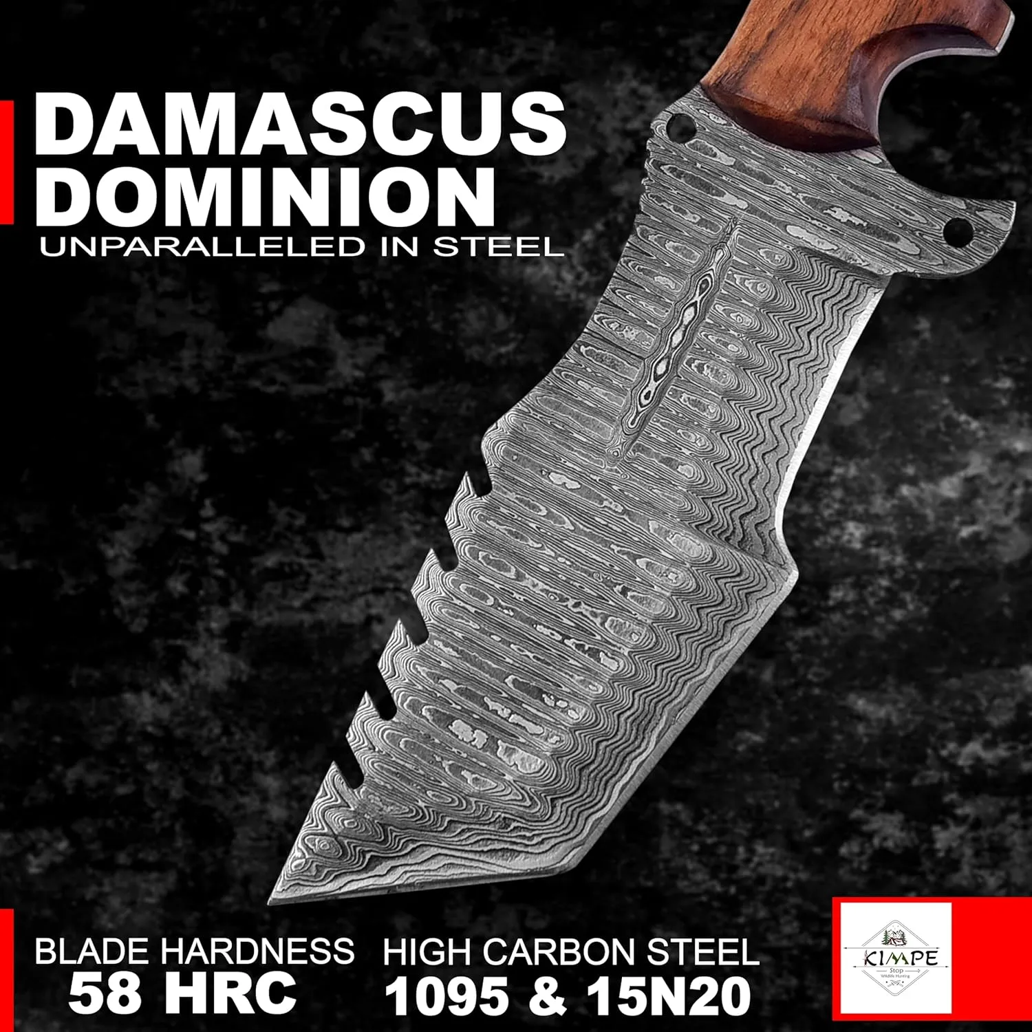 KIMPE 10.5’’ Damascus Hunting Knife with Leather Sheath-Fixed Blade EDC Knife-Bushcraft Knives-Wood Handle-Best Camping Knife & Survival Knife-Knives for Men. (Walnut Wood)